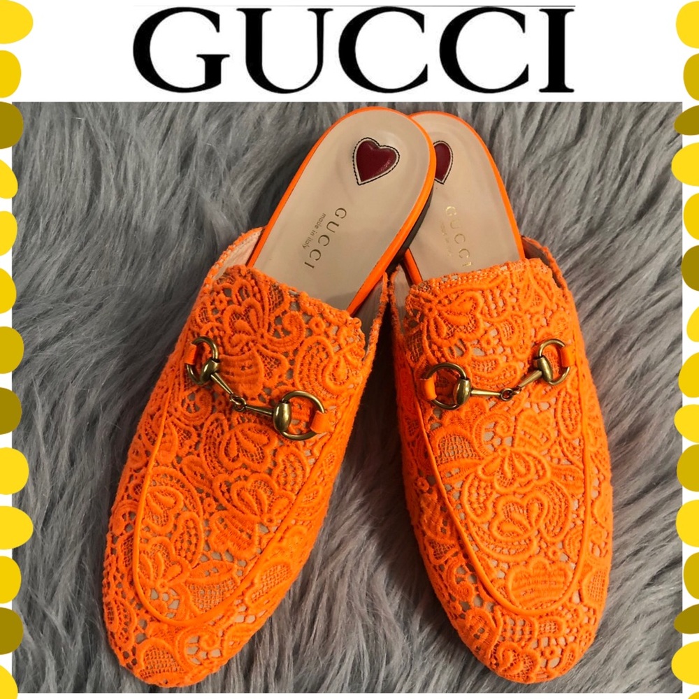 Gucci Orange Lace Horsebit Mules
